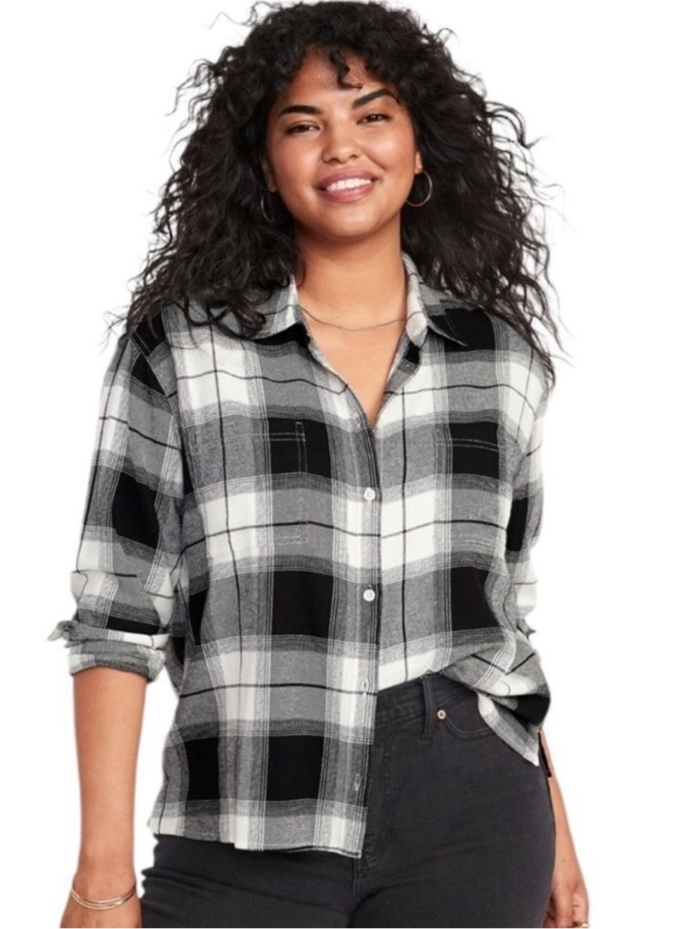 Old Navy Boyfriend Black & White Plaid Flannel Button-Up Shirt!